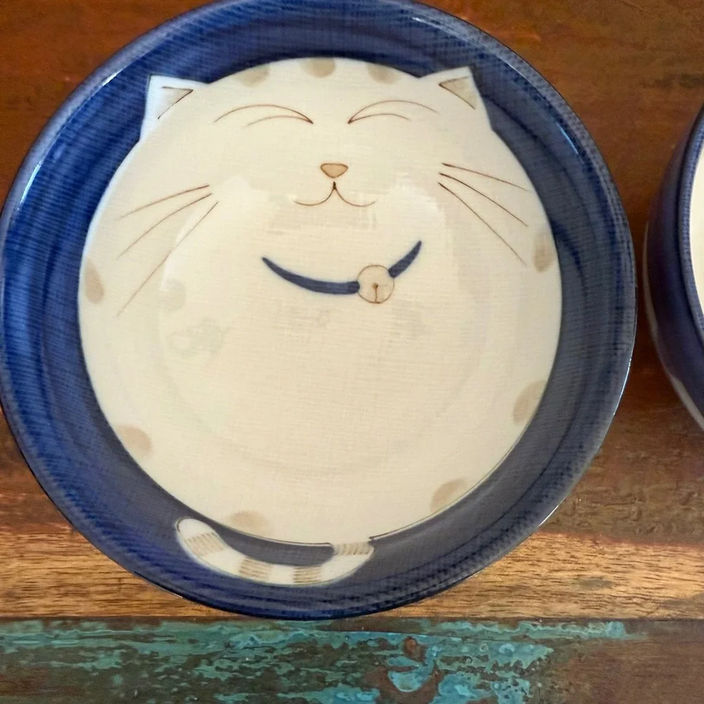 KAFU Japanese Ceramic Fat Cat Rice Bowls Set Blue White Smiling Warai Neko